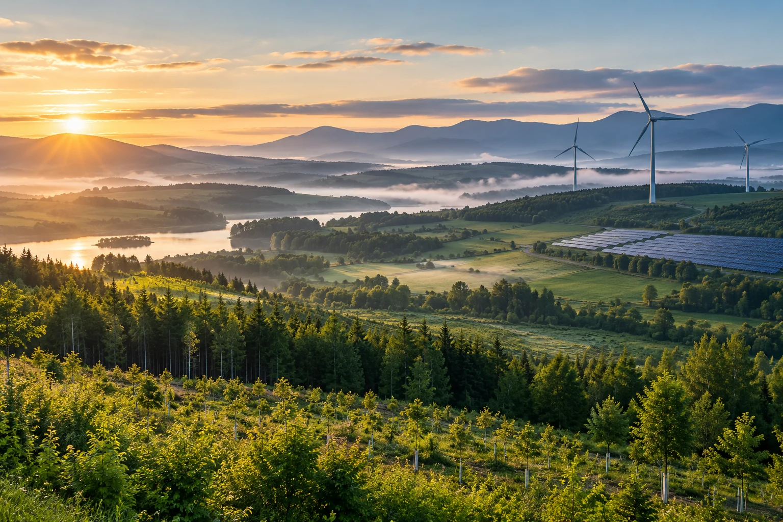 Illustrative landscape connecting forests, regenerative land and renewable energy