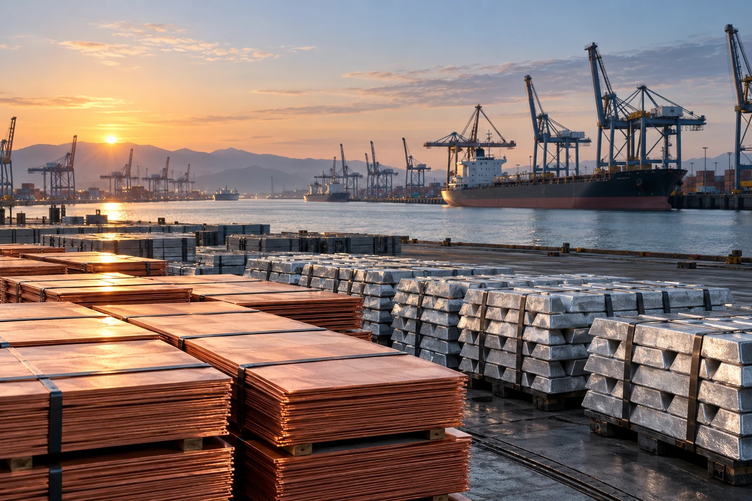 Illustrative strategic resources scene with copper, metals and international port infrastructure