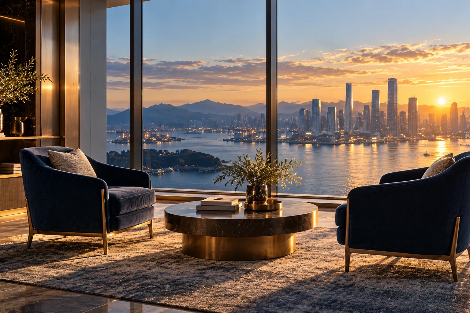 A contemporary meeting lounge with two navy chairs overlooking a waterfront skyline at sunset