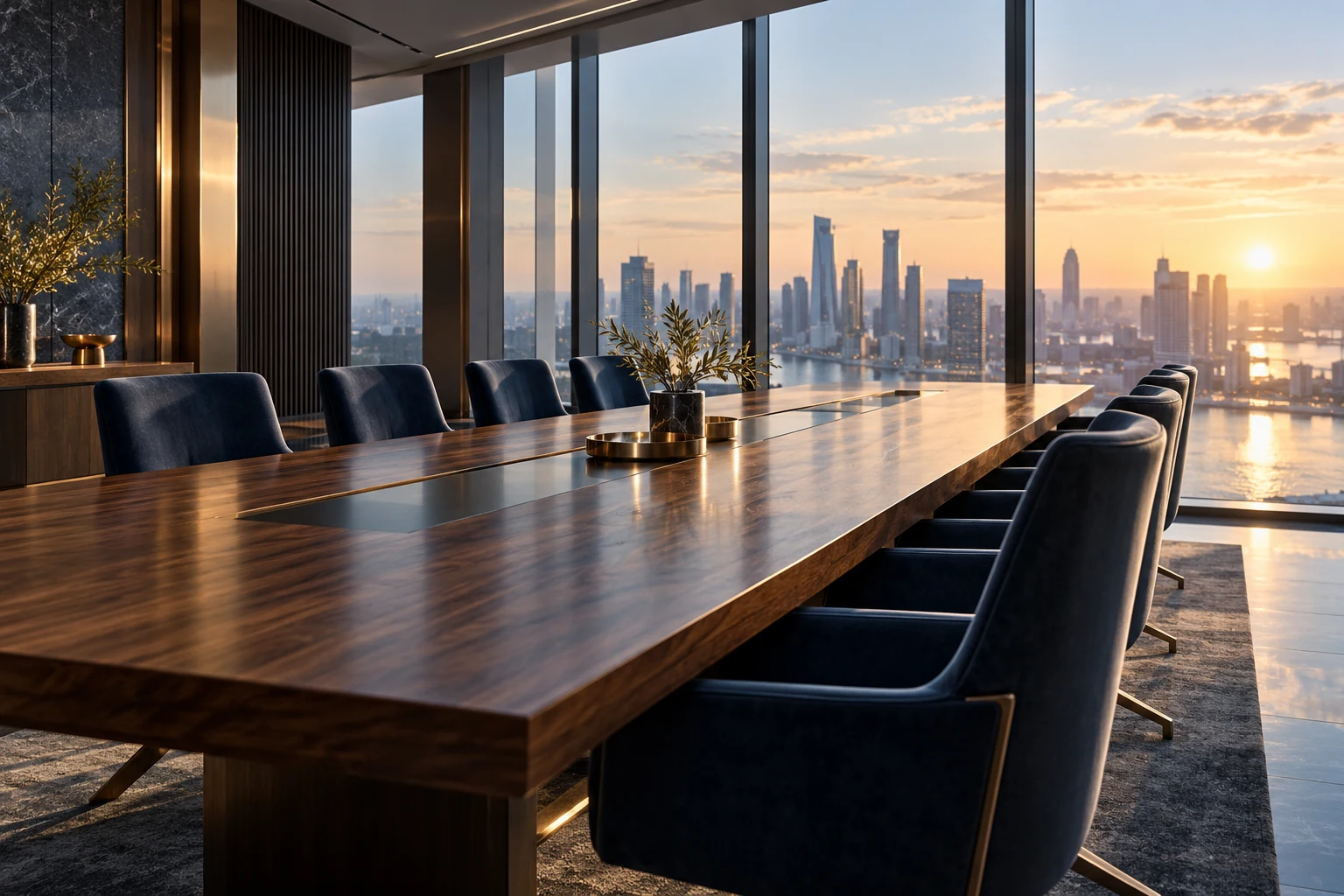 A contemporary boardroom with a walnut conference table and a city skyline beyond